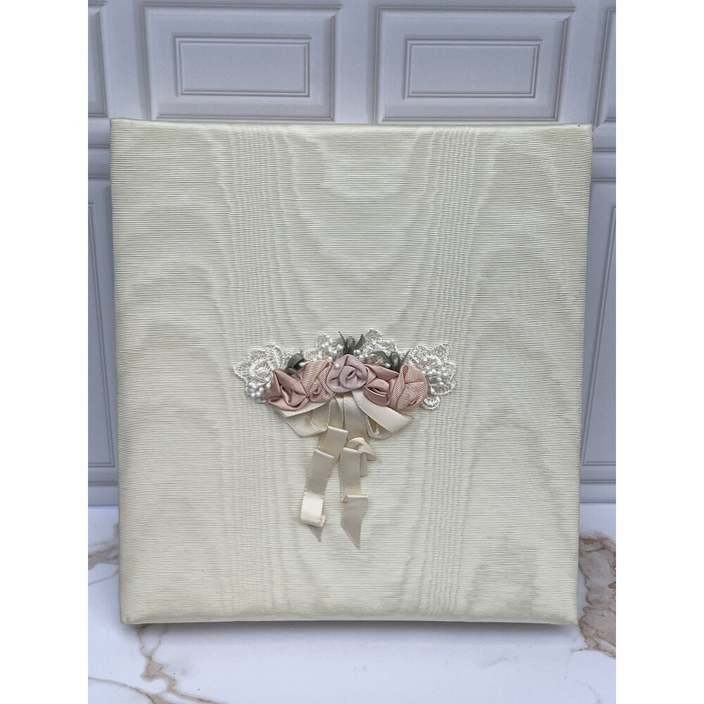 1990s Vintage Hallmark Photo Album Cream Moiré Silk & Satin Ribbon Rose